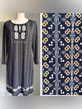 Max Studio Sheath Dress Sz L 3/4 Sleeve Floral Navy Yellow Stretch Travel Casual